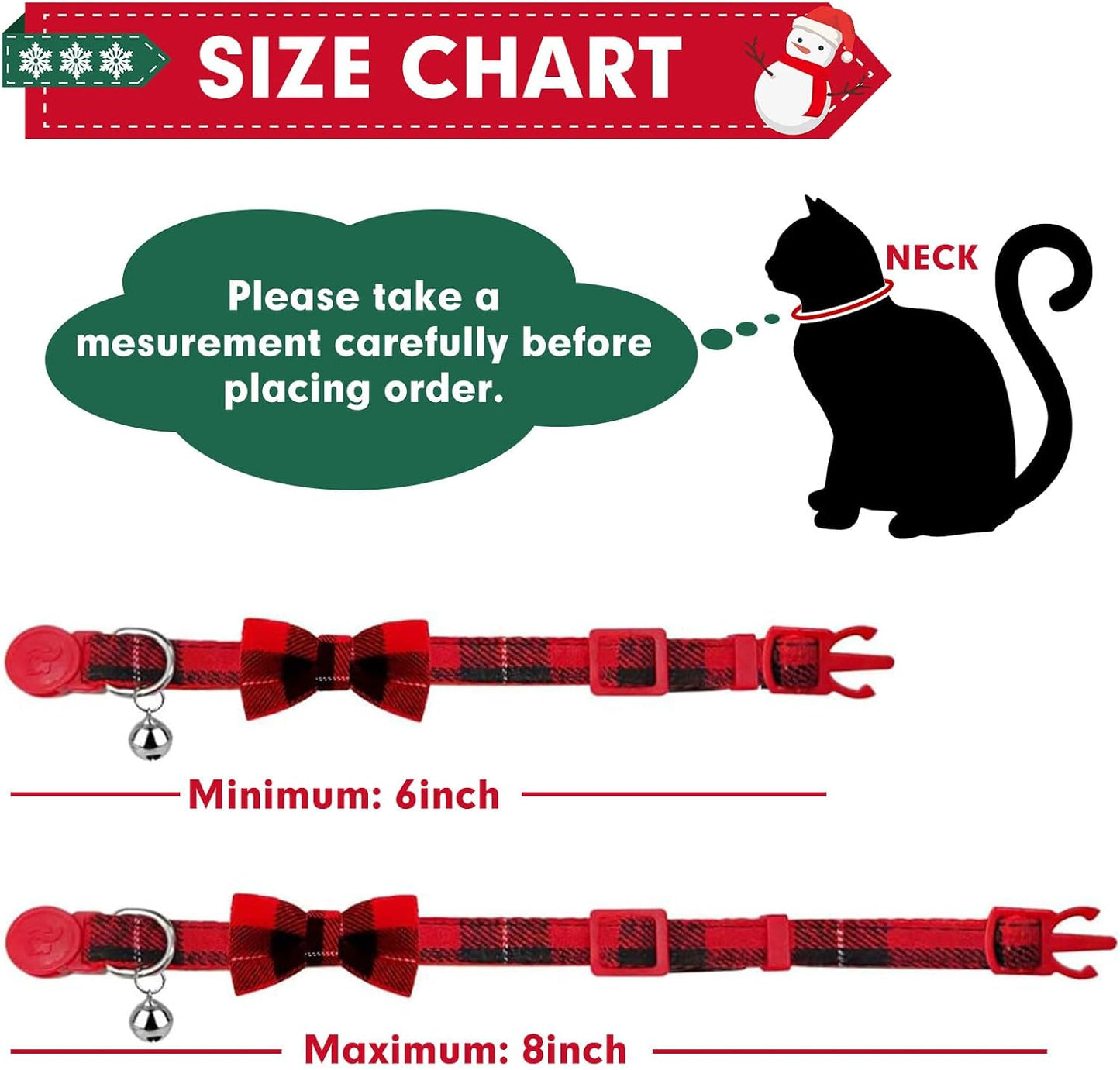 Christmas Breakaway Kitten Collar with Bell, 2 Pack Safety Buckle Kitten Collars with Bowtie, Classic Xmas Plaid Design, Adjustable from 6"-8"