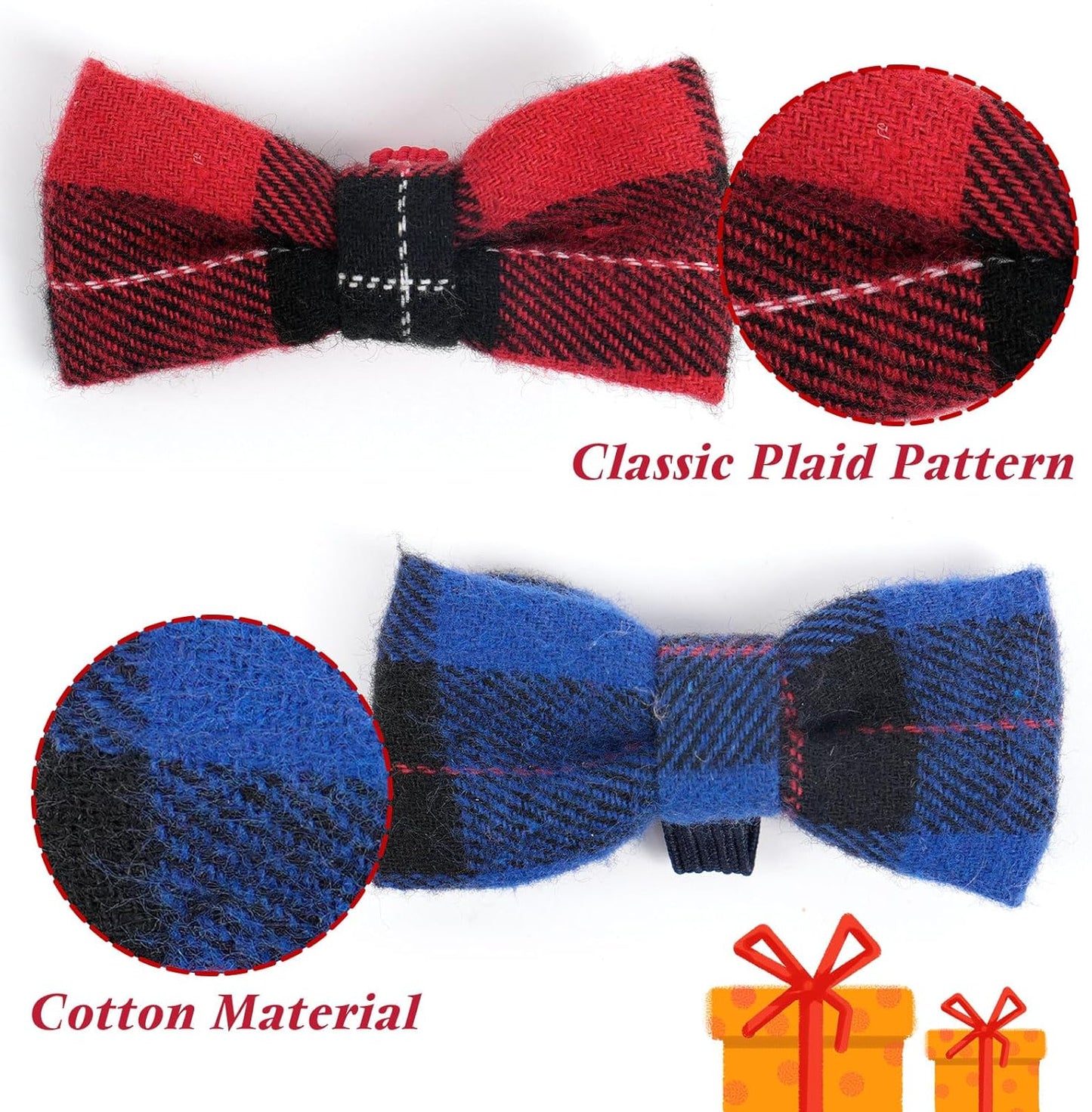 Christmas Breakaway Kitten Collar with Bell, 2 Pack Safety Buckle Kitten Collars with Bowtie, Classic Xmas Plaid Design, Adjustable from 6"-8"