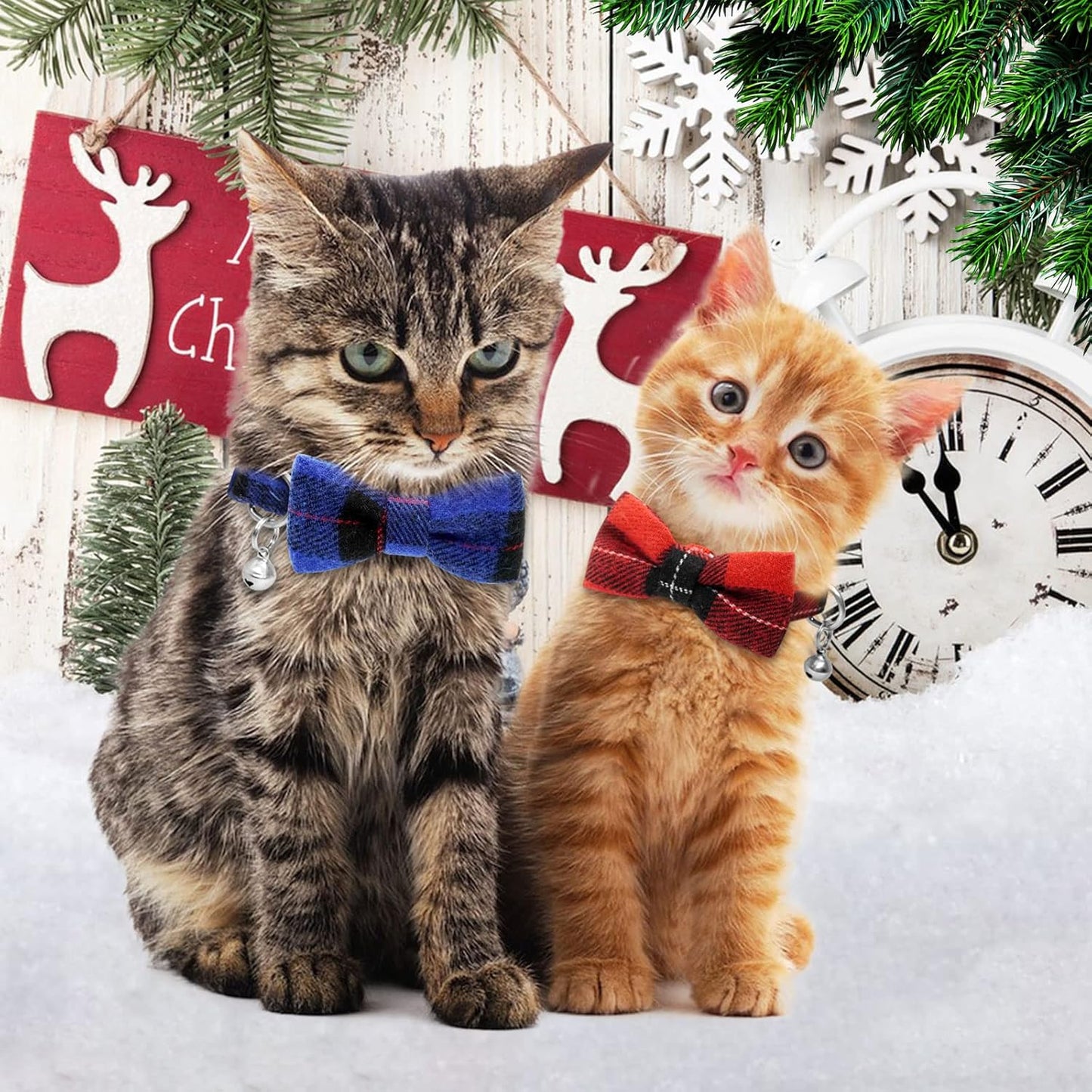 Christmas Breakaway Kitten Collar with Bell, 2 Pack Safety Buckle Kitten Collars with Bowtie, Classic Xmas Plaid Design, Adjustable from 6"-8"