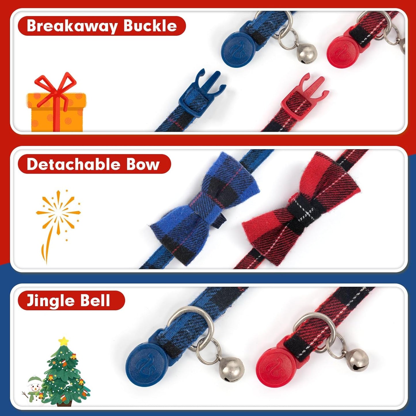Christmas Breakaway Kitten Collar with Bell, 2 Pack Safety Buckle Kitten Collars with Bowtie, Classic Xmas Plaid Design, Adjustable from 6"-8"