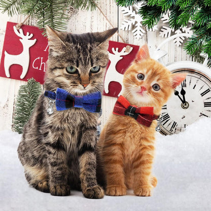 Christmas Breakaway Kitten Collar with Bell, 2 Pack Safety Buckle Kitten Collars with Bowtie, Classic Xmas Plaid Design, Adjustable from 6"-8"