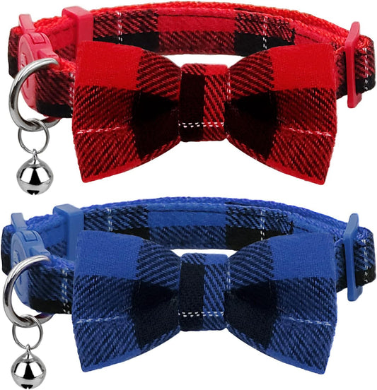 Christmas Breakaway Kitten Collar with Bell, 2 Pack Safety Buckle Kitten Collars with Bowtie, Classic Xmas Plaid Design, Adjustable from 6"-8"